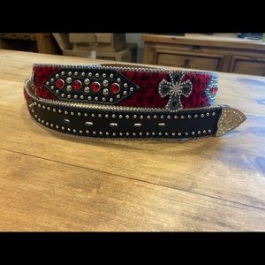 Nocona Red leather belt with cross